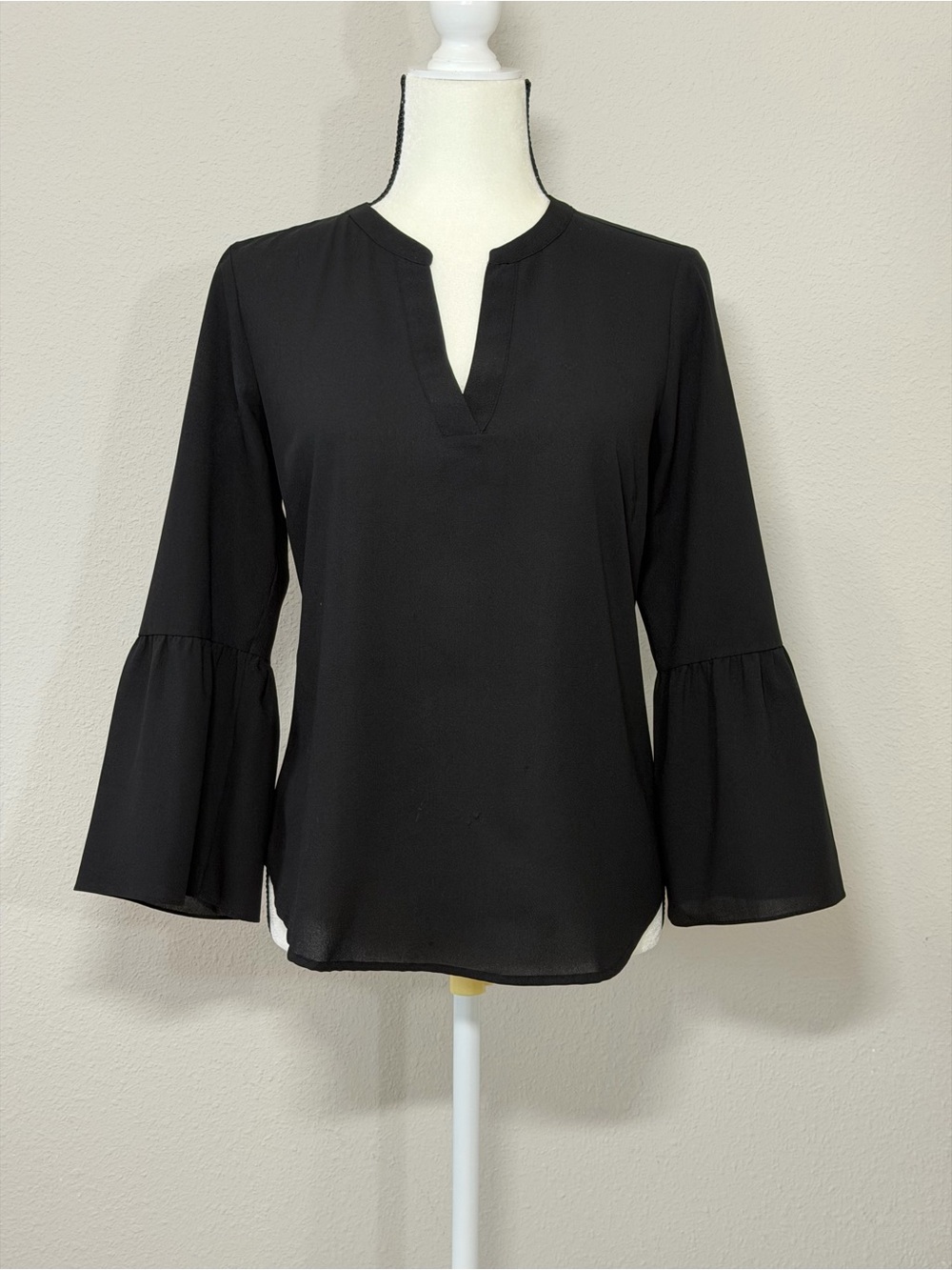 J. Crew Black Bell-Sleeve Split-Neck Blouse